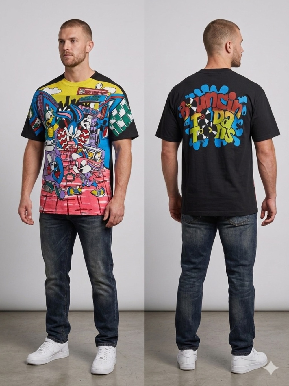 AOP Vintage Cartoon City Graphic Short-Sleeve Tee - Black